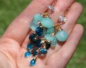 Aqua Blue Amazonite with Topaz, Apatite, Chalcedony Dangle Gemstone Earrings in Gold Filled