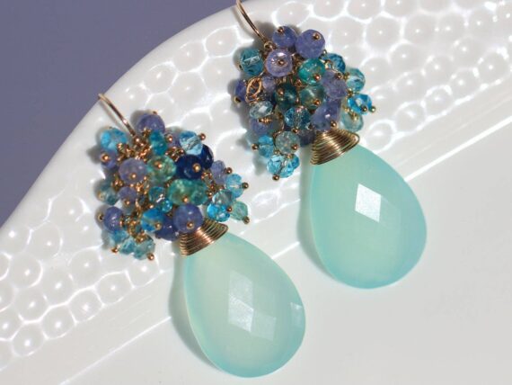 Blue Chalcedony Cluster Earrings with Topaz, Tanzanite and Apatite