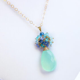 The Penelope Necklace – Blue Chalcedony Pendant Necklace with Topaz, Tanzanite and Apatite