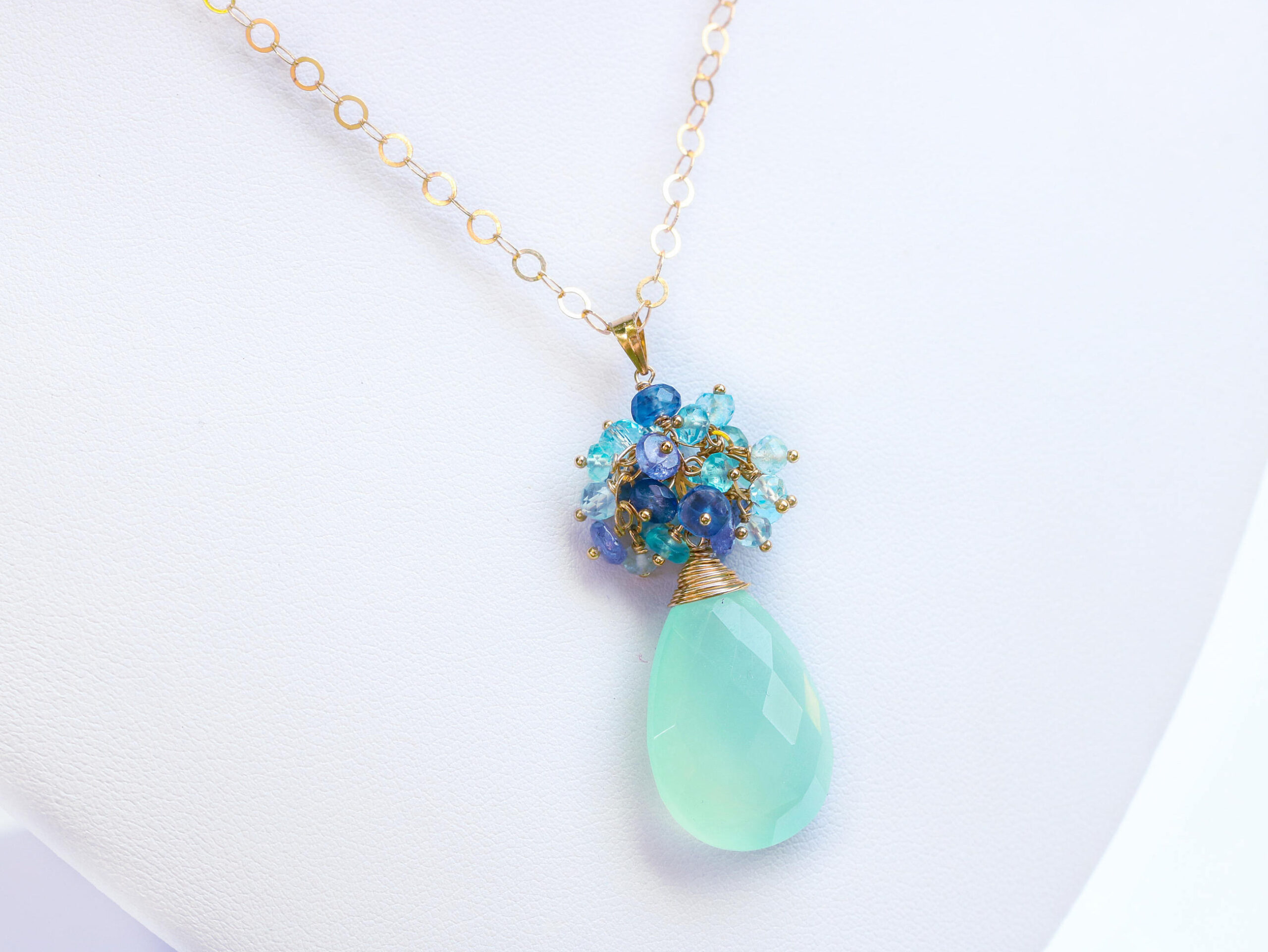 Blue Chalcedony Pendant Necklace with Topaz, Tanzanite and Apatite