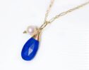Blue Lapis Lazuli Drop Wire Wrapped Pendant with White Pearl in Gold Filled