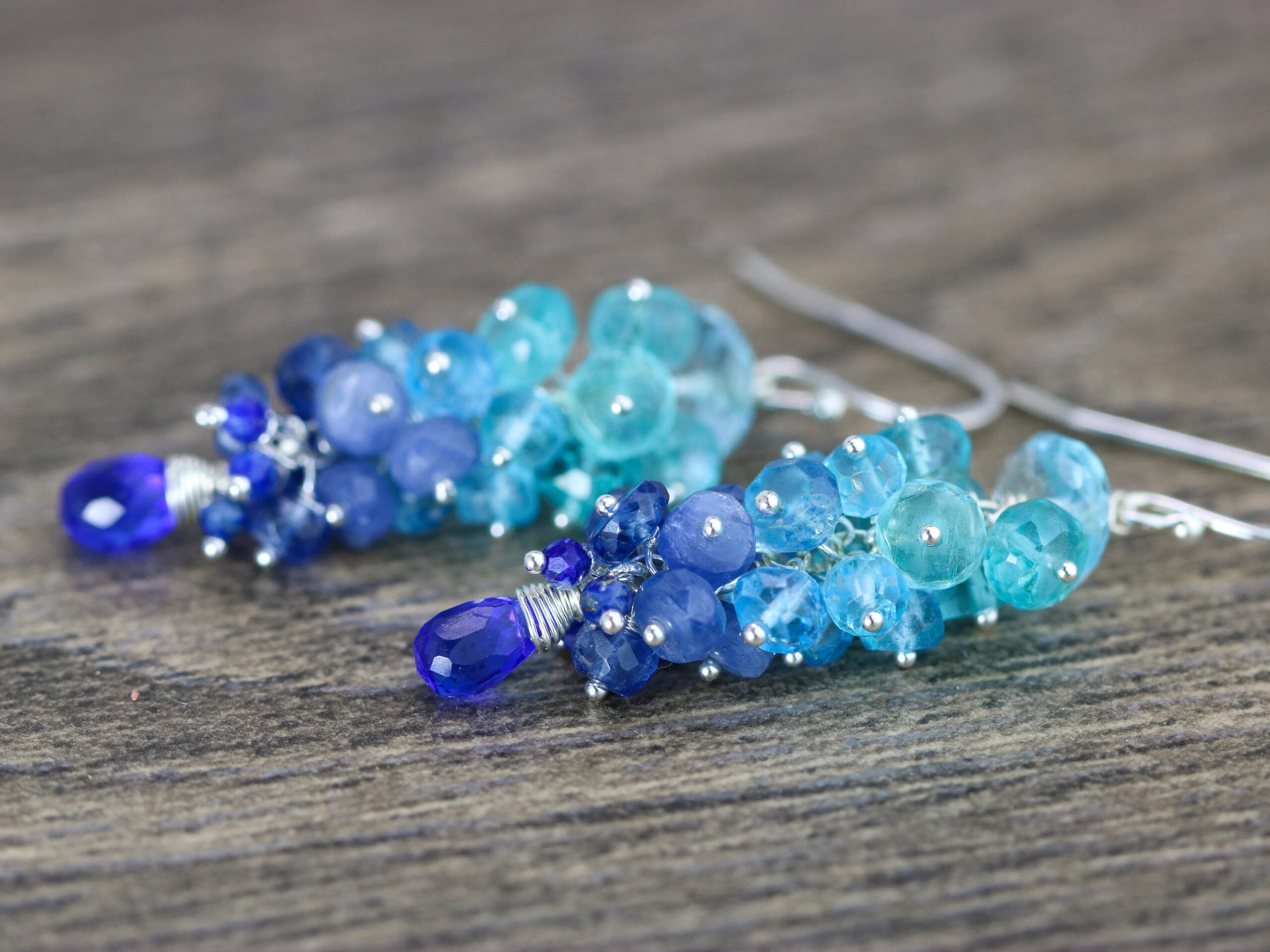 Blue Topaz, Apatite, Kyanite and Sapphires Gemstone Cluster Earrings