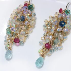 The Appassionata Earrings – Ethiopian Opal Long Cluster Earrings, Statement Earrings with Paraiba Tourmaline, Pink Tourmaline and Aquamarine