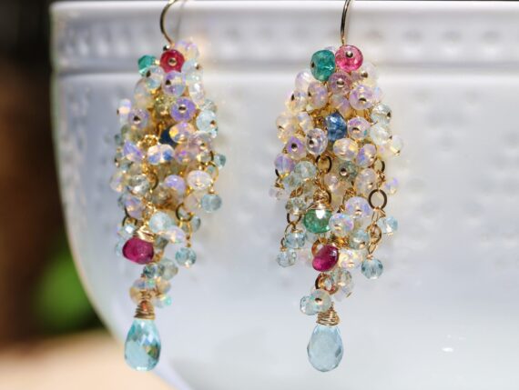 Ethiopian Opal Long Cluster Earrings, Statement Earrings with Paraiba Tourmaline, Pink Tourmaline and Aquamarine