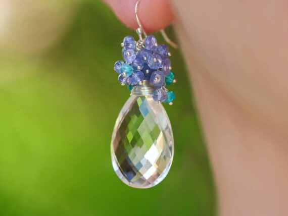 Huge Natural Rock Crystal Briolette with Tanzanite and Apatite Silver Pendant Necklace