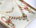 Luxury Watermelon Tourmaline Statement Bib Necklace and Earrings Jewelry Set