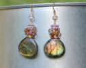 Orange Green Labradorite Earrings with clusters of Pink Amethyst and Tunduru Sapphires, One of a Kind