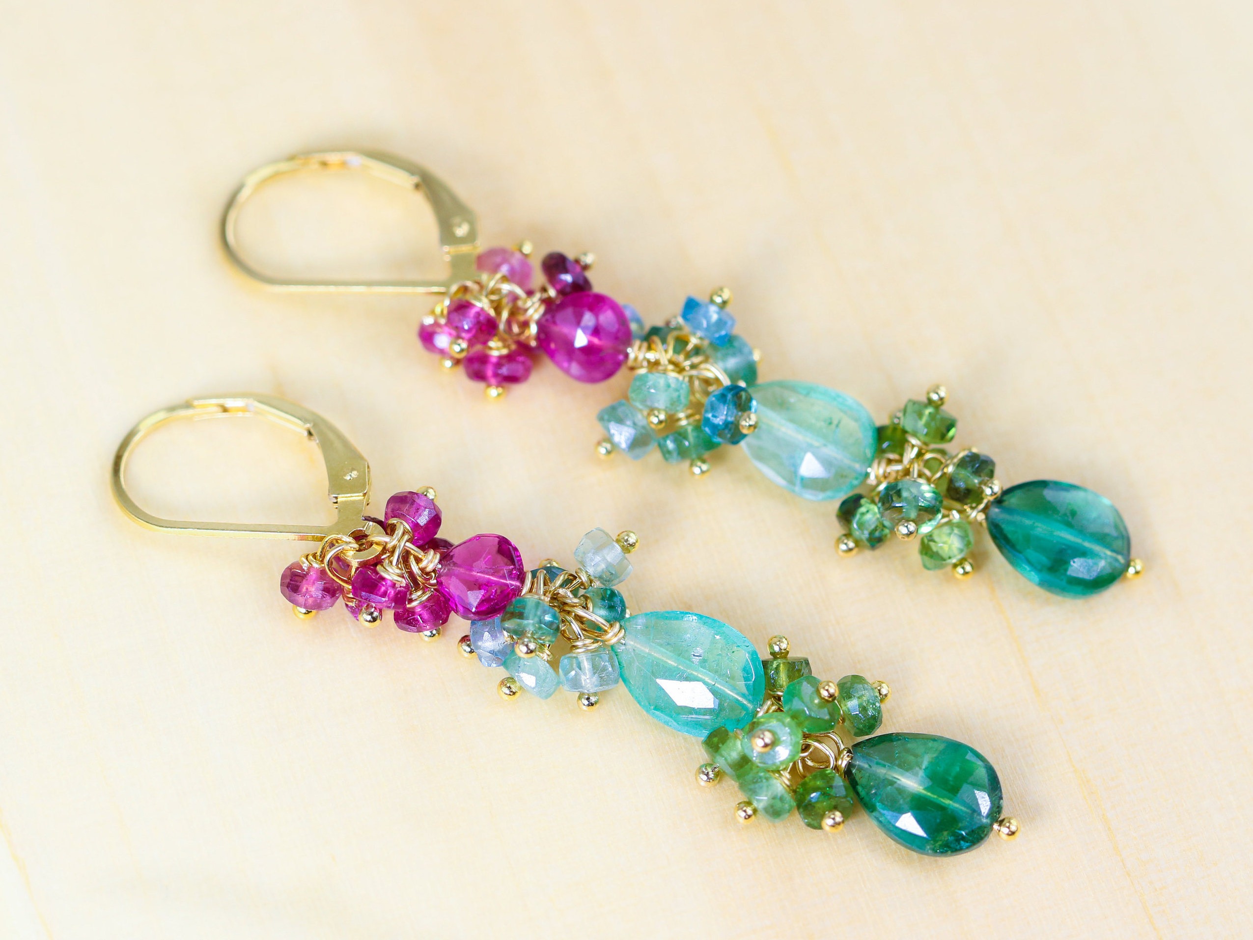 Pink, Green and Paraiba Teal Blue Tourmaline Dangle Earrings in Gold Filled