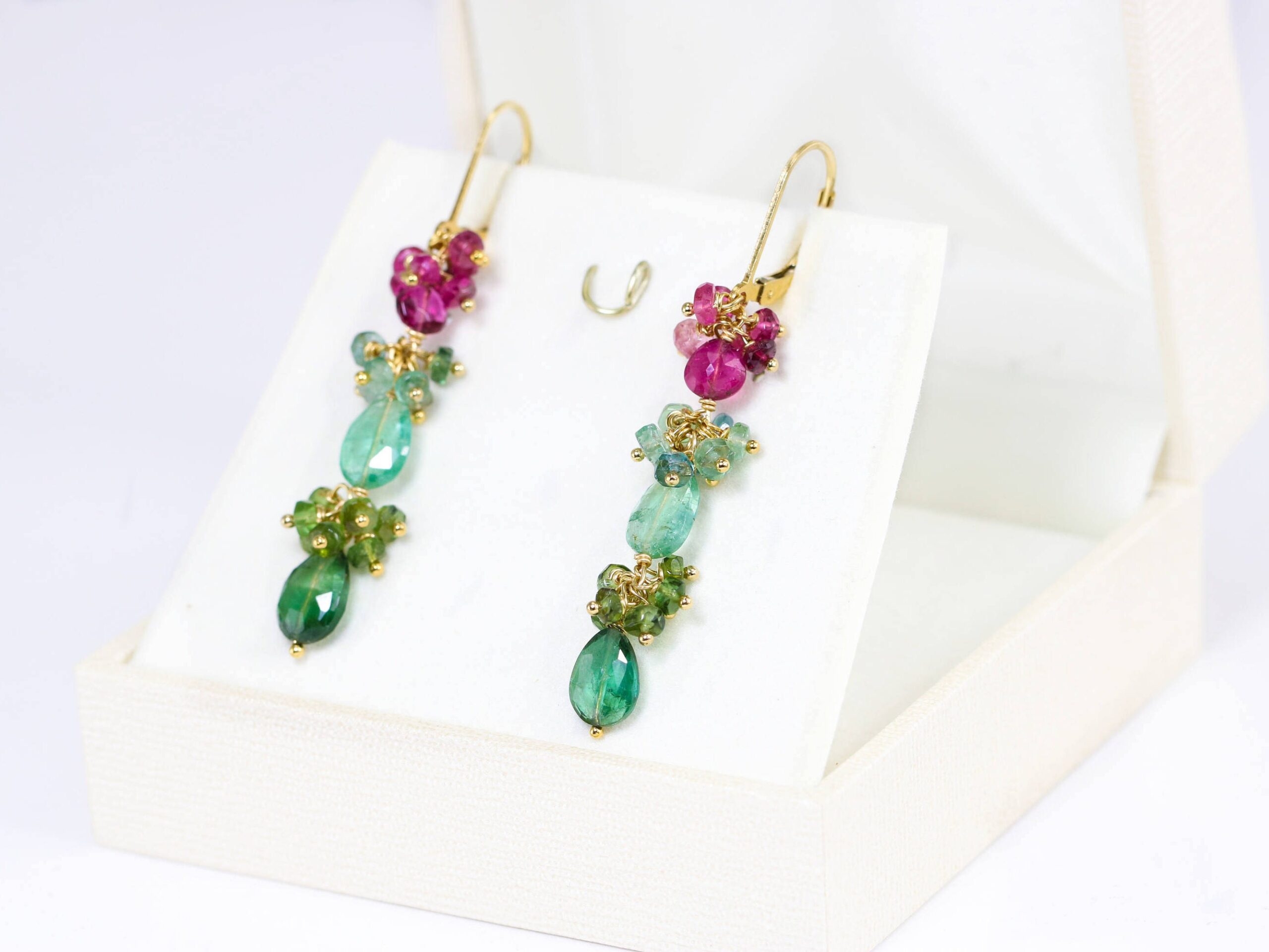 Pink, Green and Paraiba Teal Blue Tourmaline Dangle Earrings in Gold Filled