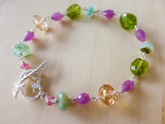 Pink Green Silver Bracelet with Pink Sapphires and Green Peridot