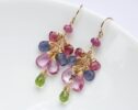 Pink Topaz and Tourmaline with Green Peridot Gemstone Cluster Earring in Gold Filled