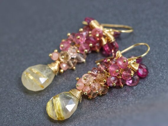 Pink Tourmaline and Golden Rutilated Quartz Gold Filled Elegant Cluster Earrings