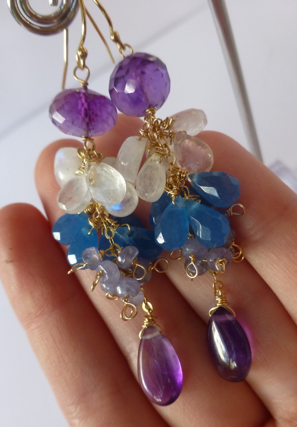Purple Amethyst with Rainbow Moonstone Cluster Dangle Earrings in Gold Filled