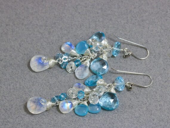 Rainbow Moonstone and Blue Topaz Silver Dangle Earrings