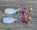 Rainbow Moonstone Dangle Earrings with Pink Sapphires and Tanzanites
