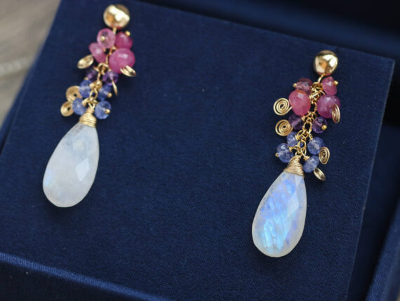 Rainbow Moonstone Dangle Earrings with Pink Sapphires and Tanzanites