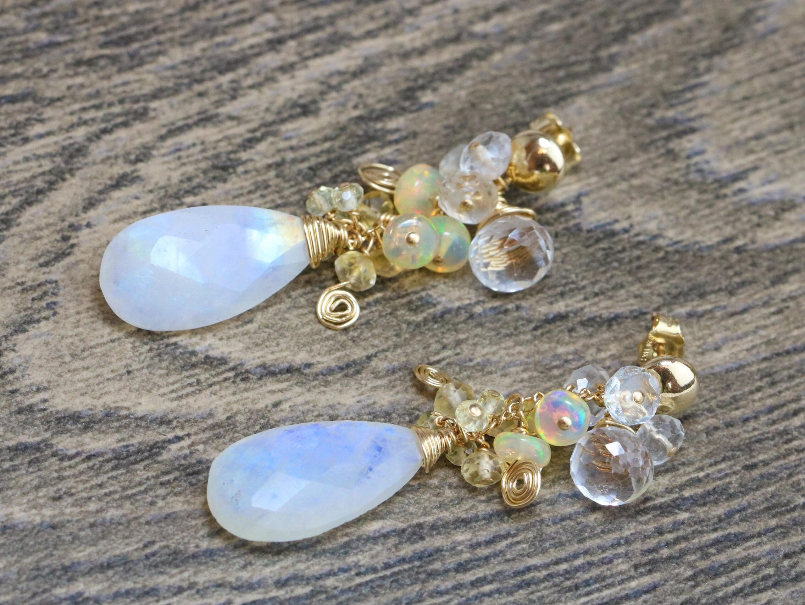 Rainbow Moonstone Dangle Earrings with Yellow Ethiopian Opal, Citrine and Aquamarine