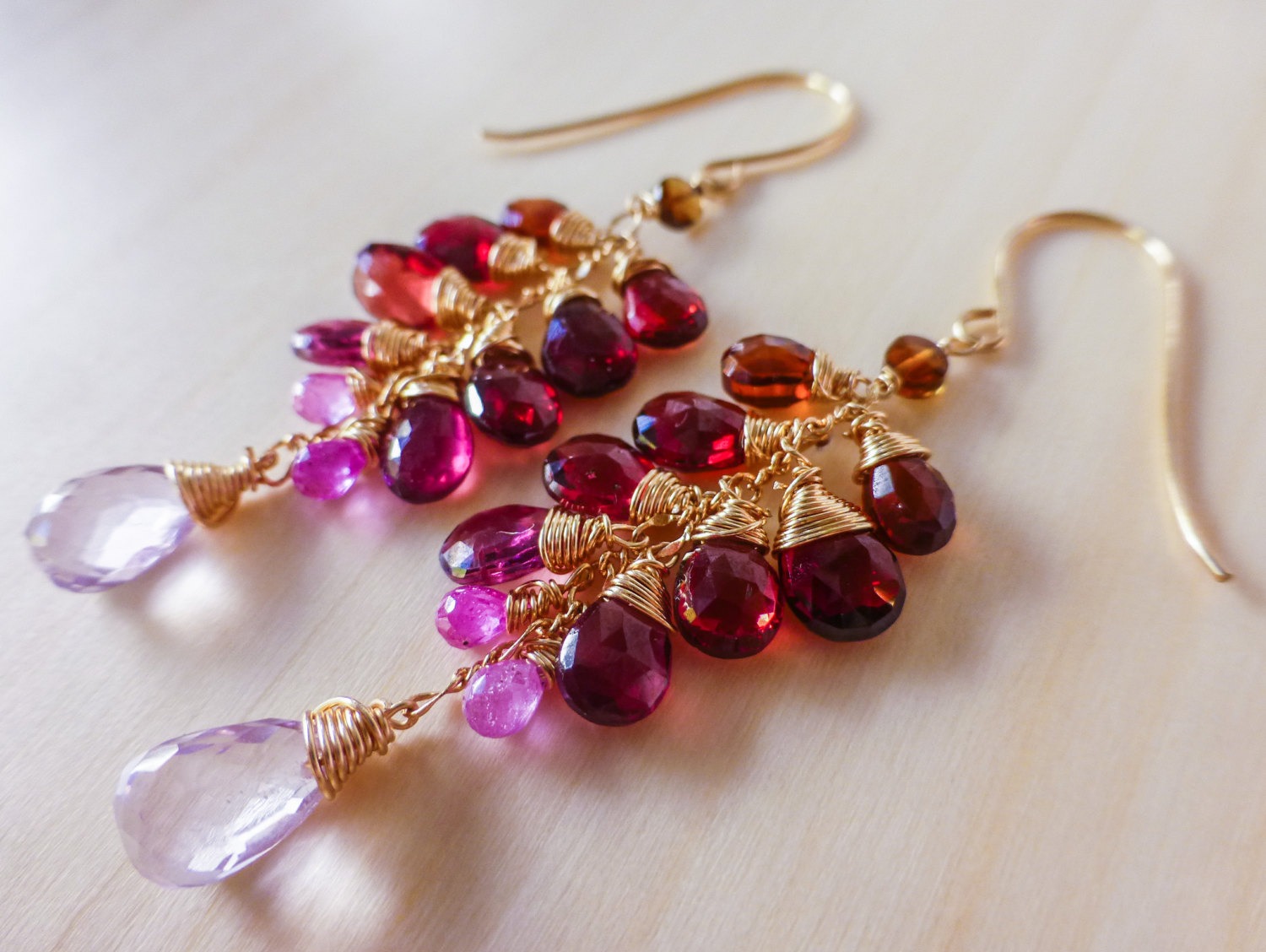 Red Garnet Dangle Statement Earrings in Gold Filled