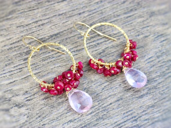 Rose Quartz and Red Ruby Small Cluster Earrings on Hoops