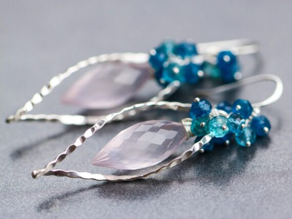 Rose Quartz, Neon Blue Apatite and London Blue Topaz Silver Dangle Earrings