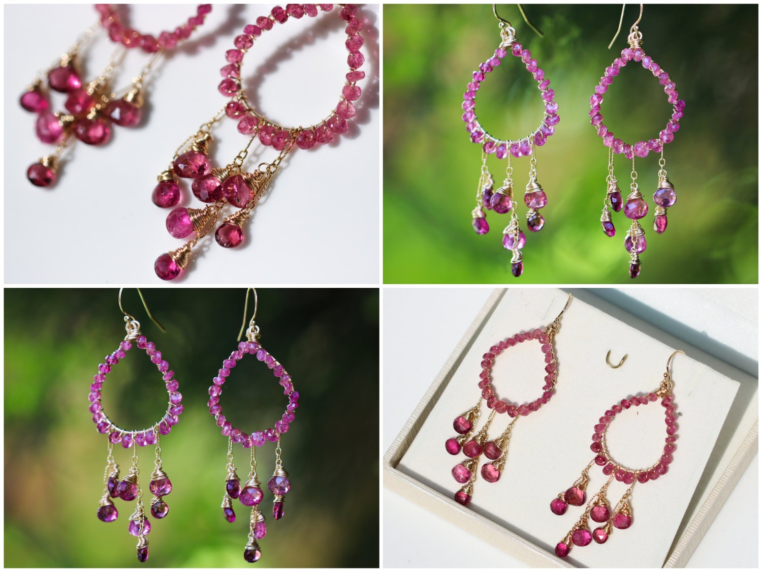 Rubellite Pink Tourmaline Chandelier Earrings in Gold Filled, Wire Wrapped Hoop Gemstone Earrings