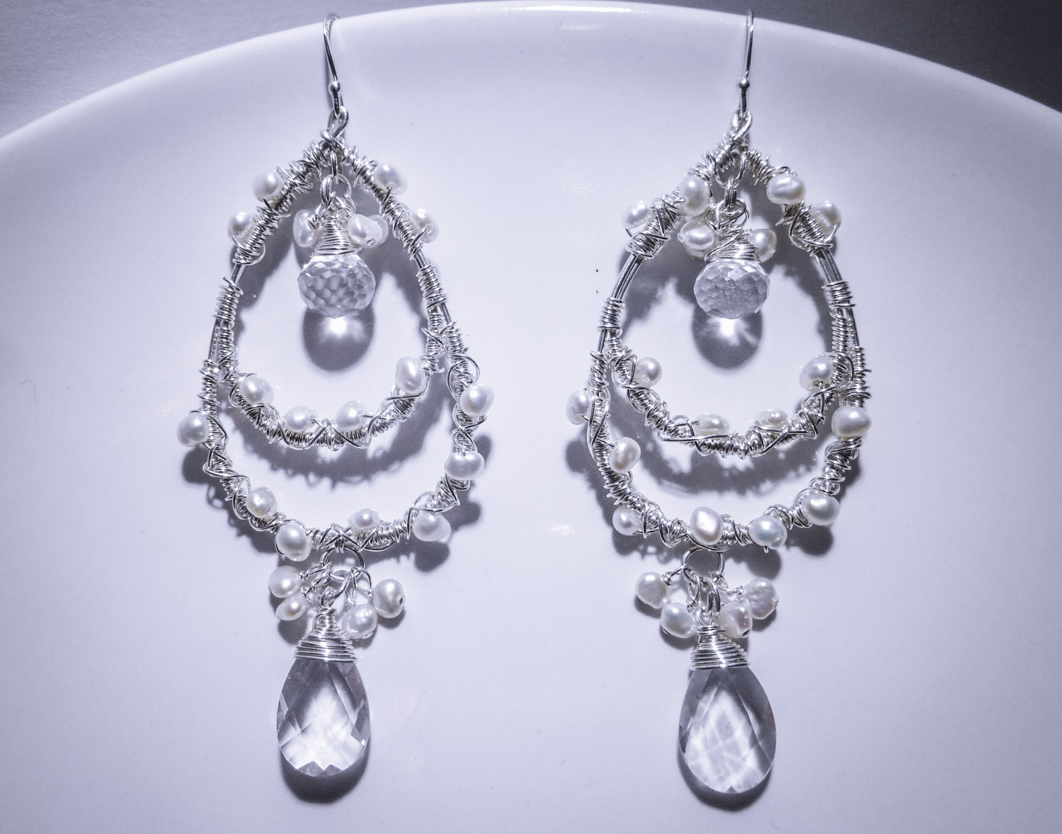 Silver Pearl Chandelier Earrings