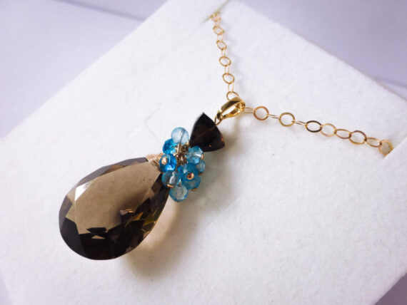 Smoky Quartz Large Pendant with Blue Topaz and Blue Apatite Gemstones in Gold Filled