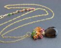 Smoky Quartz Long Pendant Necklace in Gold Filled with a Multi Gemstone Cluster