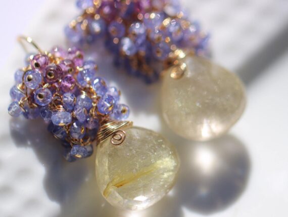 Tazanite and Amethyst Cluster Earrings with Golden Rutilated Quartz in Gold Filled