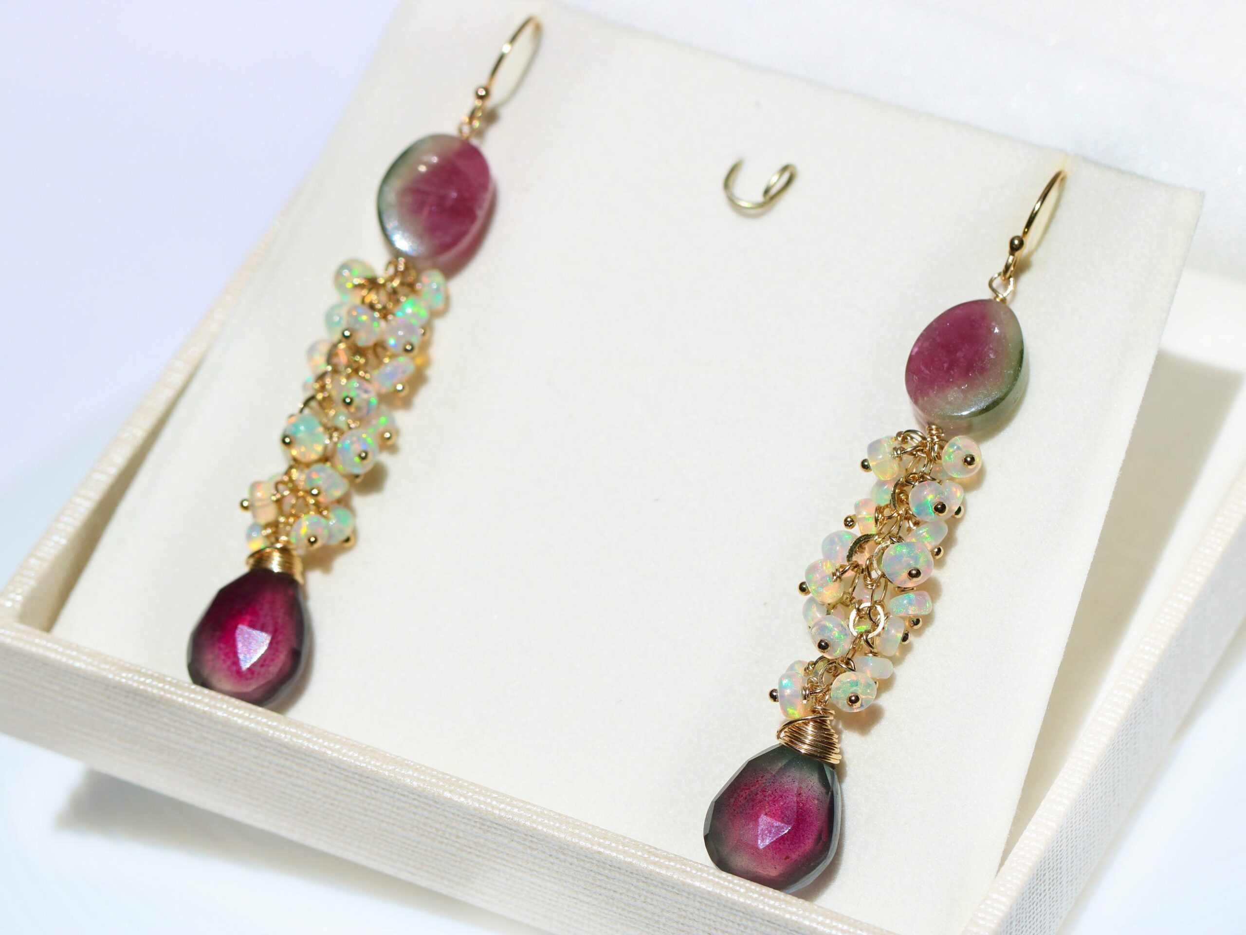 Watermelon Tourmaline and Ethiopian Opal Long Cluster Earrings, Luxury Statement Earrings, One of a Kind
