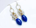 Luxury Lapis Lazuli and White Pearls Cluster Earrings in Gold Filled