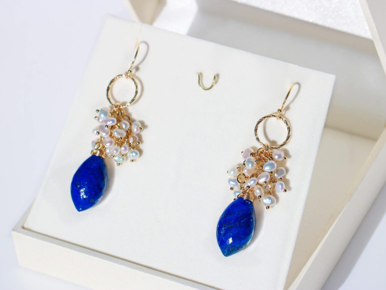 Luxury Lapis Lazuli and White Pearls Cluster Earrings in Gold Filled ...