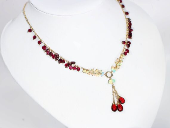 Semi Precious Gemstone Necklace with Red Garnet and Ethiopian Opals