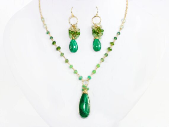 Luxury Malachite Necklace with Emeralds, Statement Rosary Necklace in Gold Filled