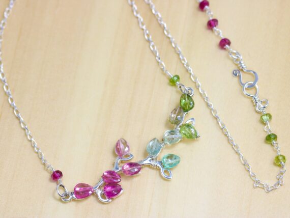 Pink Tourmaline and Teal Blue Tourmaline Silver Bar Necklace, Unique Wire Wrapped Tourmaline Branch Tree Bar Necklace