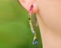 Watermelon Tourmaline and Moss Kyanite Earrings, Handmade Open Hoop Gold Filled Earrings with Gemstone Drops