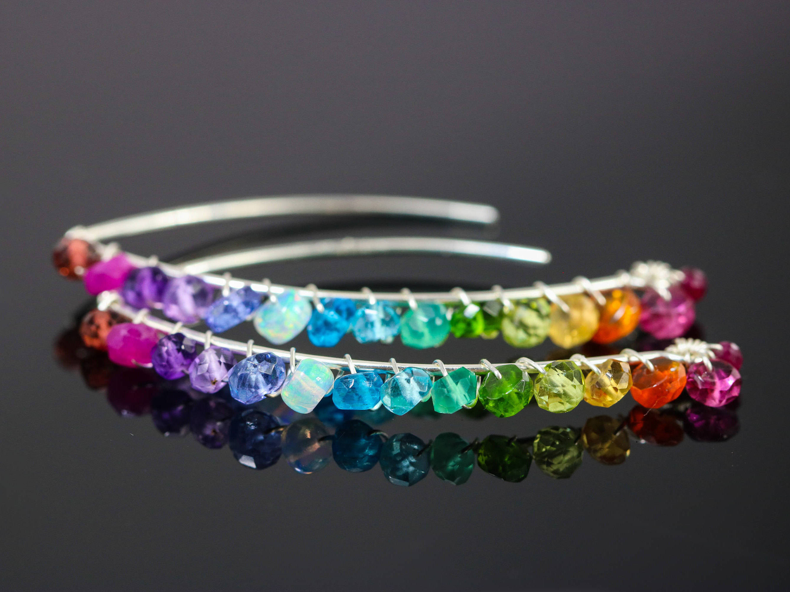 Rainbow Gemstone Threader Open Hoops Earrings in Silver Valltasy