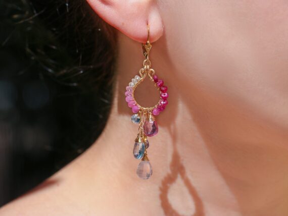 Pink and Blue Topaz Chandelier Earrings, Pink Ruby Wire Wrapped Gemstone Earrings
