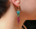 Pink Tourmaline with Green Kyanite and Blue Apatite Long Cluster Statement Earrings in Gold Filled