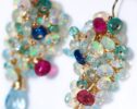 Ethiopian Opal Short Cluster Earrings, Statement Earrings with Paraiba Tourmaline, Pink Tourmaline and Aquamarine