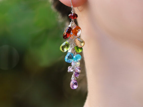 Multi Gemstone Rainbow Earrings, Long Gemstone Cluster Earrings in Sterling Silver