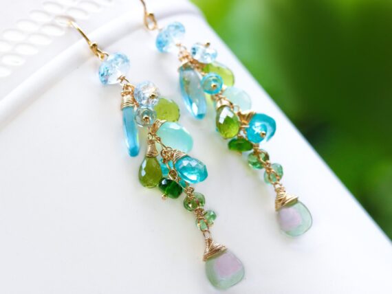 Watermelon Tourmaline with Sky Blue Topaz and Peridot Gemstone Earrings in Gold Filled