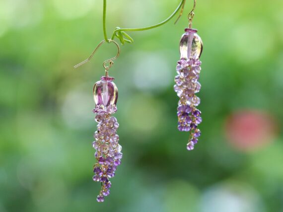 Amethyst and Lampwork Flower Gemstone Cascade Earrings in Gold Filled