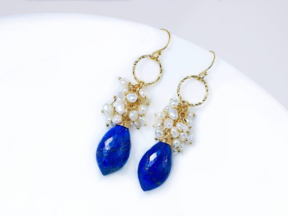 Luxury Lapis Lazuli and White Pearls Cluster Earrings in Gold Filled