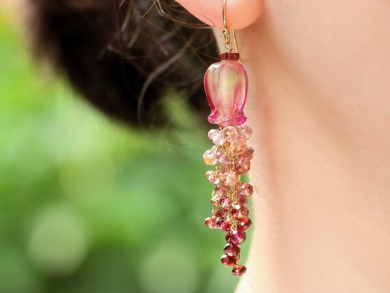 Tunduru Sapphires and Lampwork Flower Gemstone Cascade Earrings in Gold Filled