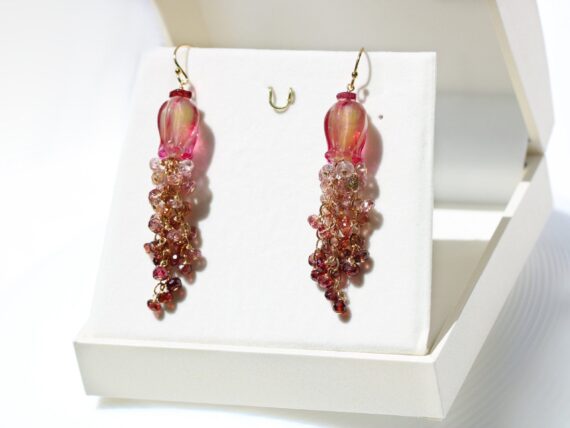 Tunduru Sapphires and Lampwork Flower Gemstone Cascade Earrings in Gold Filled