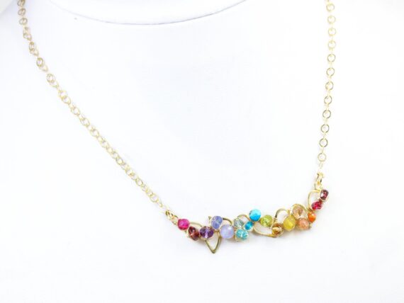 Rainbow Gemstone Bar Necklace Wire Wrapped in Gold Filled