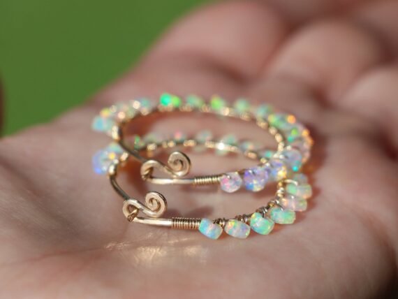 Ethiopian Opal Wire Wrapped Gemstone Hoop Earrings in Gold Filled