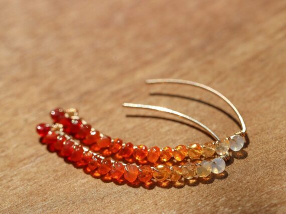 Solid Gold 14K Mexican Fire Opal Threader Open Hoop Earrings