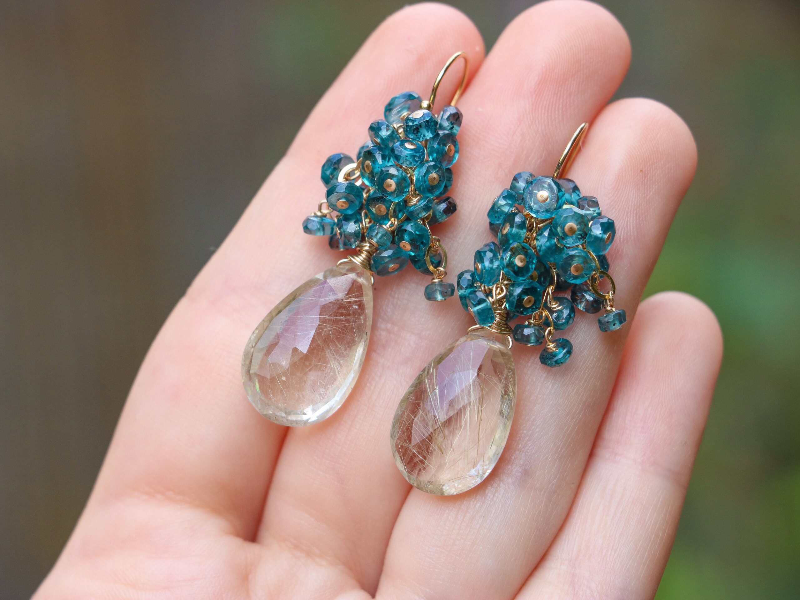 Moss Kyanite Cluster Earrings with Golden Rutilated Quartz in Gold Filled